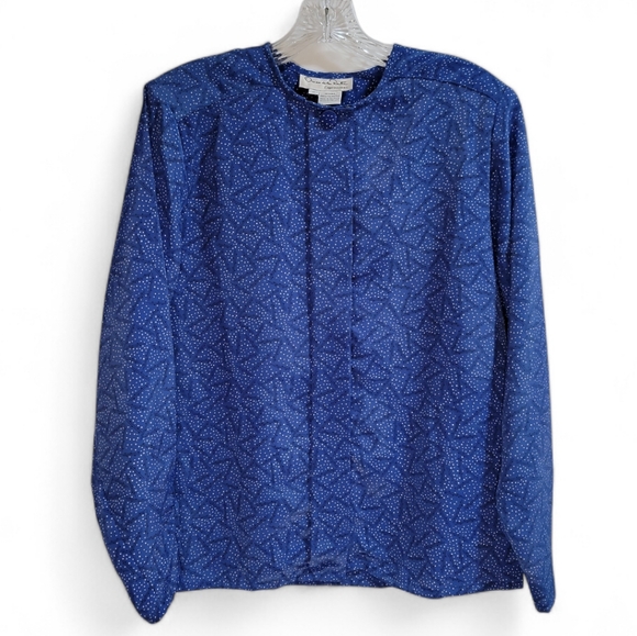 Oscar de la Renta Blue Blouse Fabric Covered Button Graphic Print Long Sleeve 10 - Picture 1 of 8